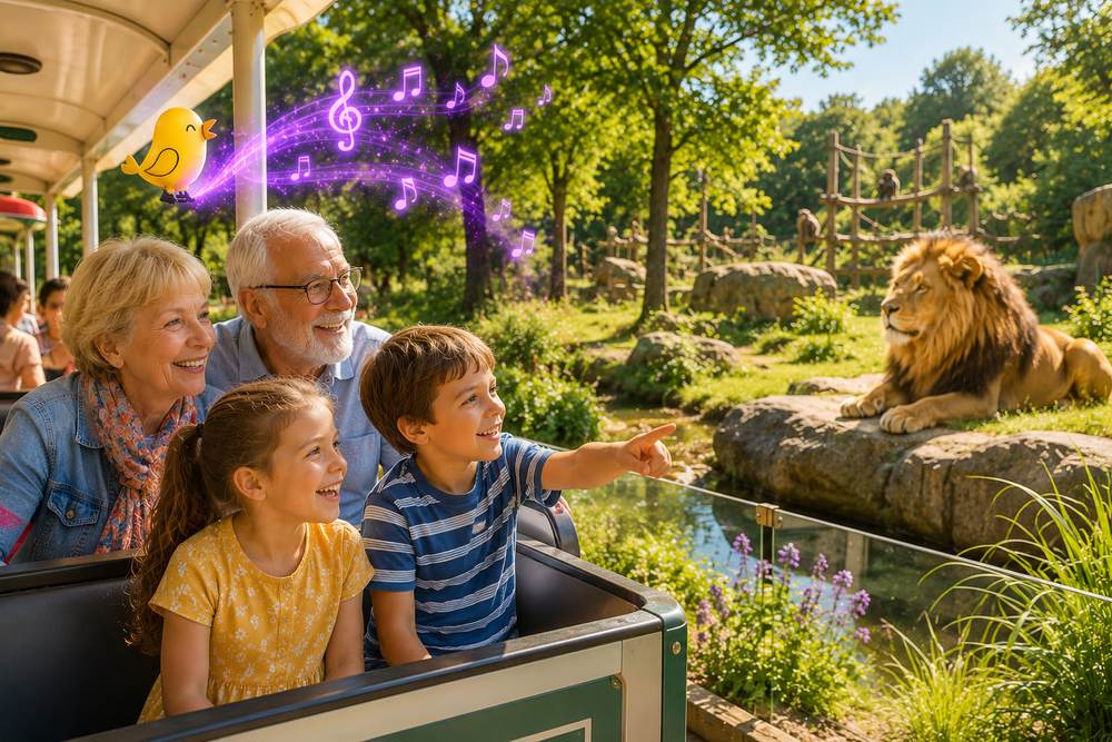 Großeltern und zwei Kinder fahren mit der Zoo-Bahn und entdecken einen Löwen – personalisiertes Zoo-Abenteuer-Lied mit Namen von Kinderklang