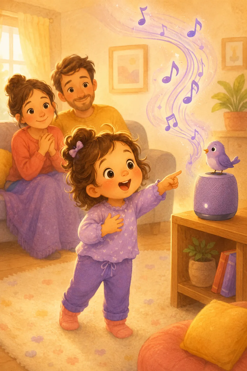 Illustration: Ein Kind h&ouml;rt zum ersten Mal seinen eigenen Namen in einem personalisierten Kinderlied und strahlt vor Freude