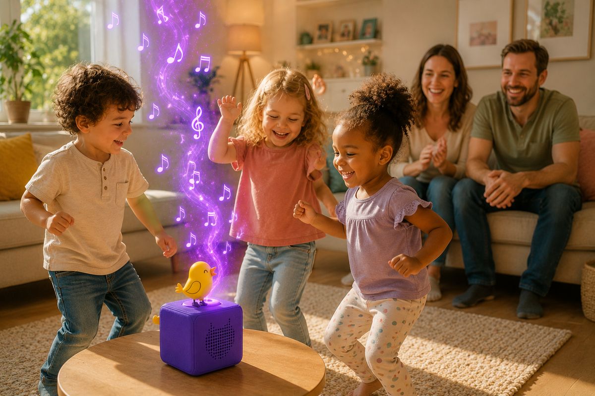 Drei Kinder tanzen fröhlich zu ihrem personalisierten Kinderlied, die Eltern klatschen vom Sofa – Kinderklang